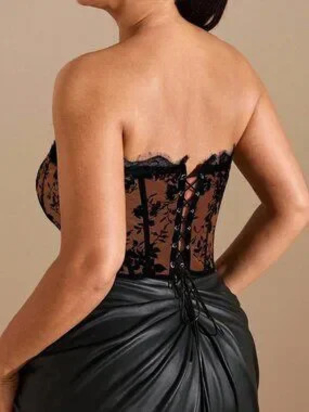 Brown Elegant Women's Asymmetrical Contrast Lace Strapless Crop Dress